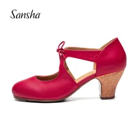 Sansha Professional Flamenco Character Lace Up 6CM Middle High Heel For Women Ladies Black Red Pierced Dancing Shoes FL29L 1