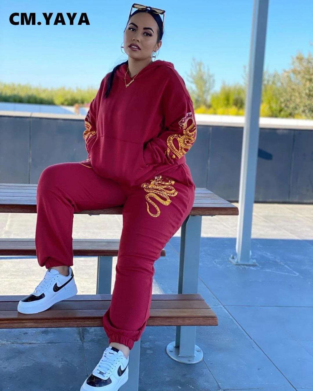 CM.YAYA Conjunto de ropa deportiva con dragón de China para mujer, Sudadera con capucha, pantalones correr, chándal de Fitness, conjunto de dos piezas a juego|Trajes de pantalón| -