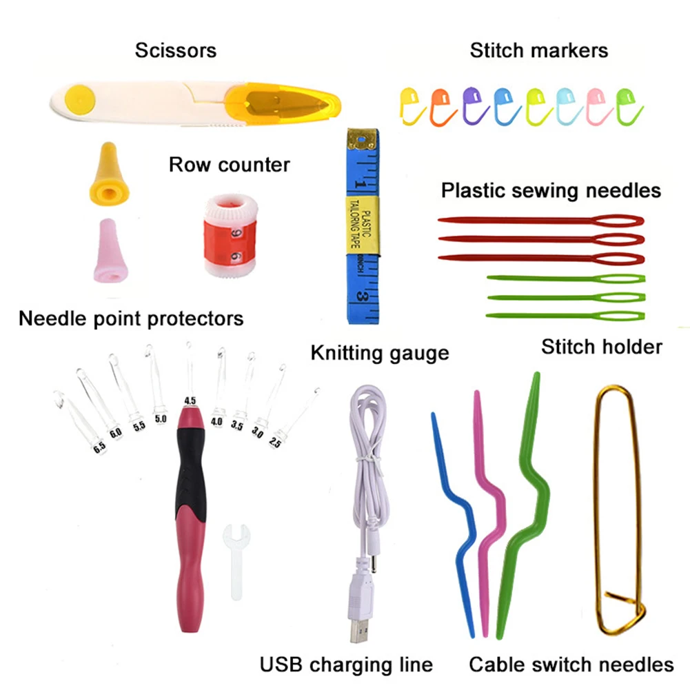 

Sewing Tool USB Charging Craft Crochet Hook Set Home Knit Knitting Needles Weaving Accessories With Scissors LED Light Up DIY