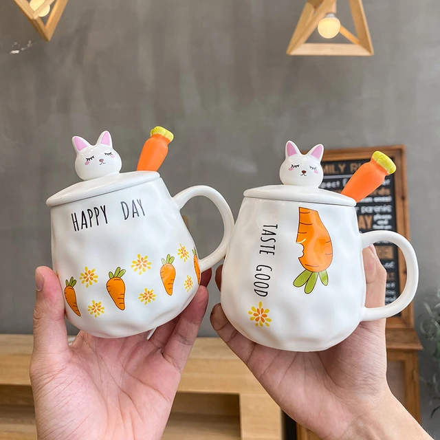 Cartoon Ceramic Mug with Lid Spoon Couple Breakfast Coffee Cup