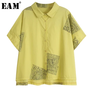 

[EAM] Women Pattern Printed Temperament Big Size Blouse New Lapel Half Sleeve Loose Fit Shirt Fashion Spring Summer 2020 1T096