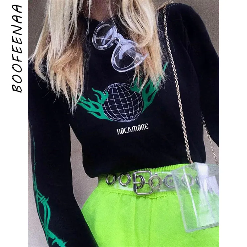 BOOFEENAA модная черная с круглым вырезом футболка длинным рукавом Уличная одежда