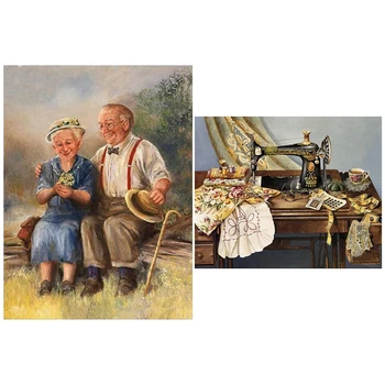 

2 Set 5D Diy Diamond Painting Cross Stitch Rhinestone Decor Paintings, Sewing Machine & Grandma Holding Wildflowers