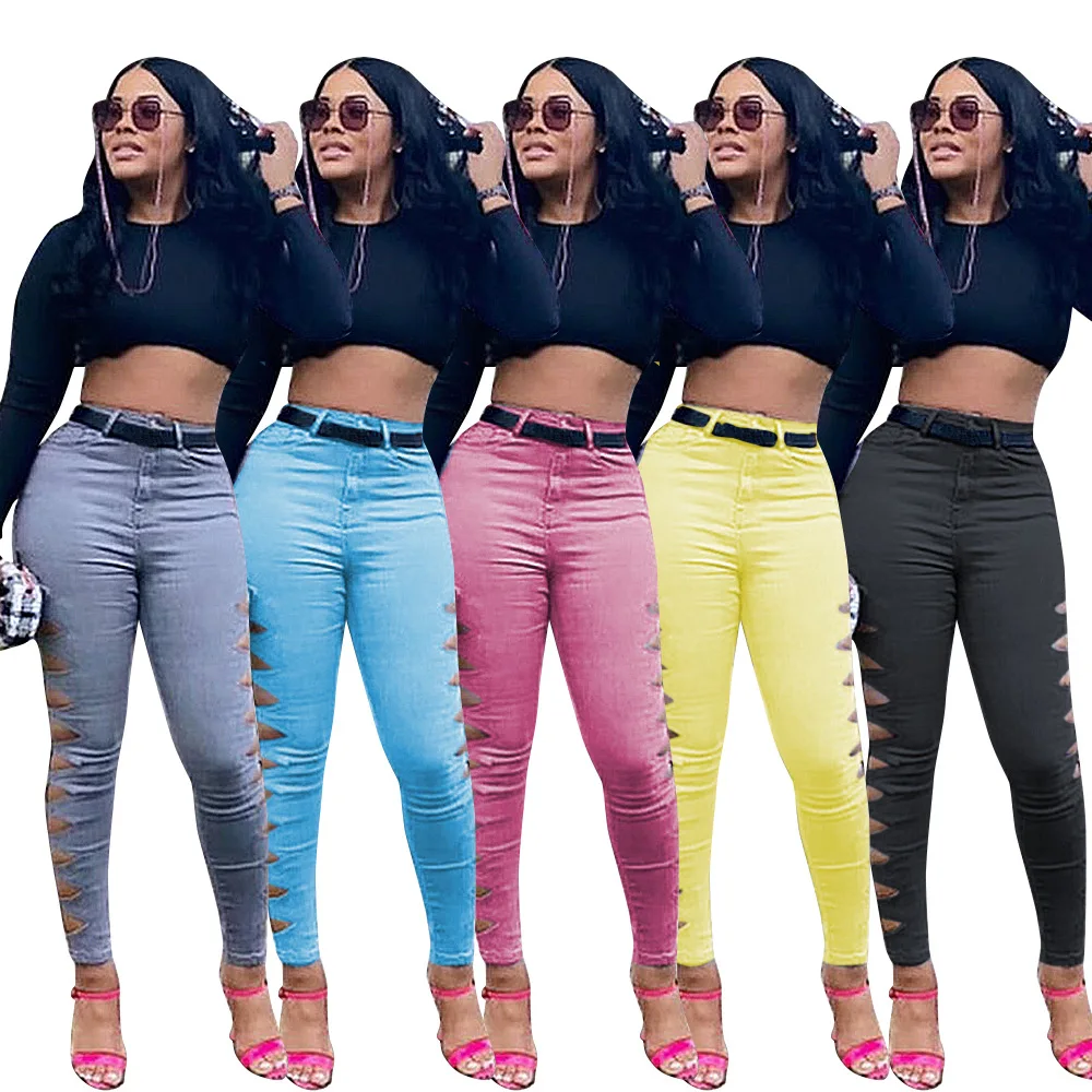 

Тонкие джинсовые женские джинсы, модные повседневные джинсы с боковым отверстием и высокой талией, узкие черные летние брюки-карандаш, оптовая продажа