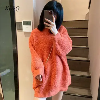 

Brand Design Women Cute Pullover 2020 Spring New Korean Version Long Plush Sweater With Bag O-neck Jumper Loose Clothes