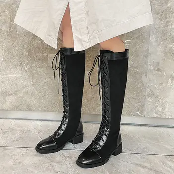 

Fashion Knee High Boots Women High Quality Low Heel Long Boots Square Toe Lace Up Zipper Autumn Winter Motorcycle Women's Boots