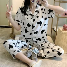 Pajamas Girls Short-sleeved Trousers Lapel Cardigan Home Service Suit Pajama Set Robe Sets Sleepwear Cute Pijamas Women