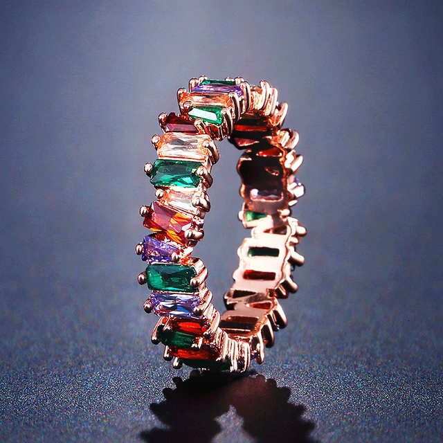 Rainbow Rose Gold Роскошные Очаровательные радужные кольца с фианитами, Модные кольца с кубическим цирконием AAA, обручальные кольца для свадебной вечеринки, женские подарки - Цвет основного камня: Rainbow Rose Gold