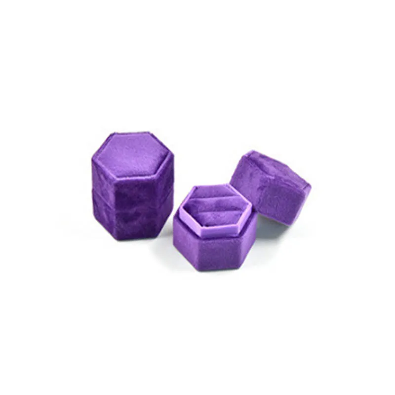 PURPLE Шестигранная бархатная коробка для колец с двойными слотами для свадебной помолвки, подарочная упаковка для хранения, чехол для дисплея на День святого Валентина, потрясающая подарочная коробка - Цвет: PURPLE