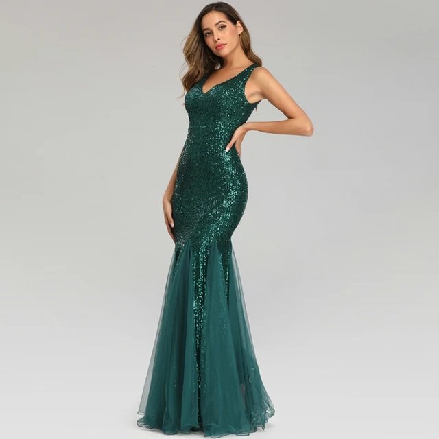 Plus Size V Neck Mermaid Burgundy Dress Long Formal Prom Party Gown Sequins Sleeveless Robe De Soriee Sexy Evening Vestido De Dark Green