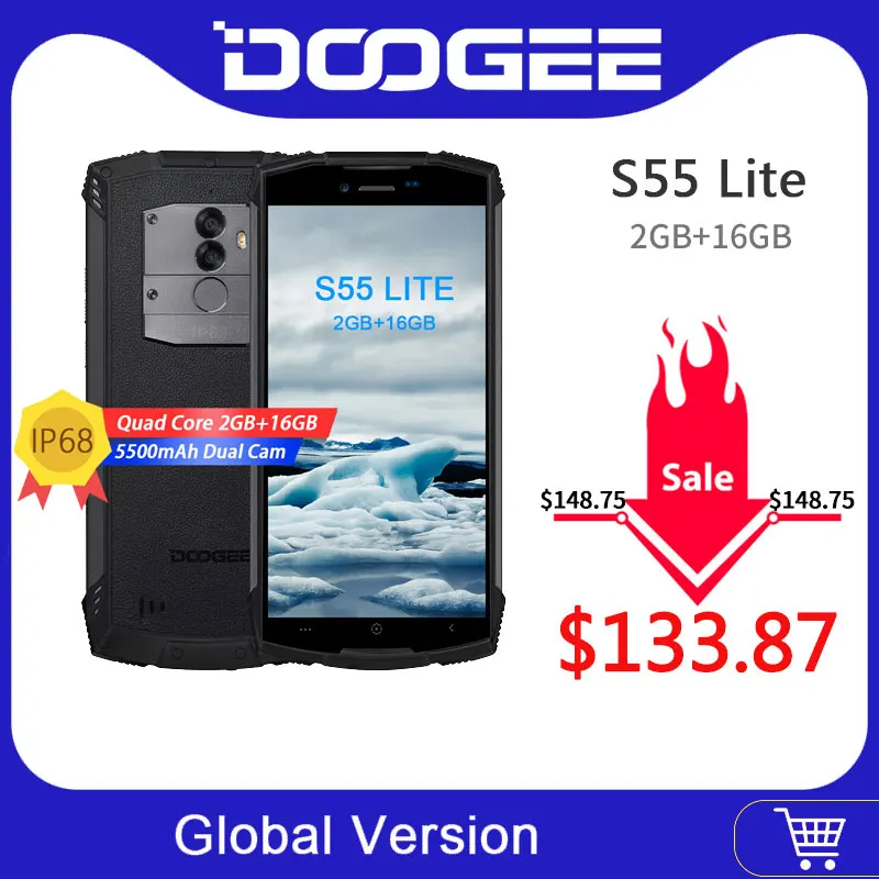 DOOGEE S55 Lite IP68 водонепроницаемый смартфон 2 Гб ОЗУ 16 ПЗУ 5500 мАч 13 0 МП MTK6739 Dual SIM 4G VoLTE 5