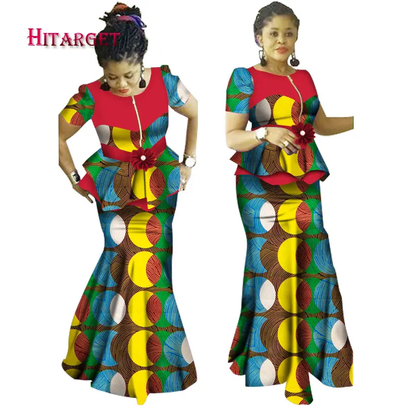 Африканская юбка наборы для Женщин Дашики Базен Riche пэчворк 2 шт наборы Цветок оборки африканская традиционная одежда WY1234