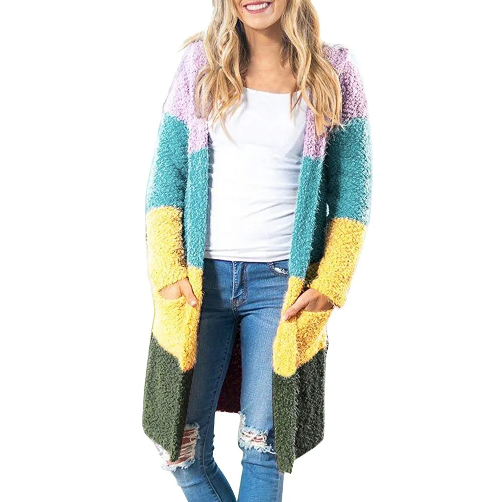 Jaycosin Fashion Autmn Winter Women Casual Splice Knitted Cardigan Sweater Long Sleeve Comfortable Soft Leisure Pullover 21#4