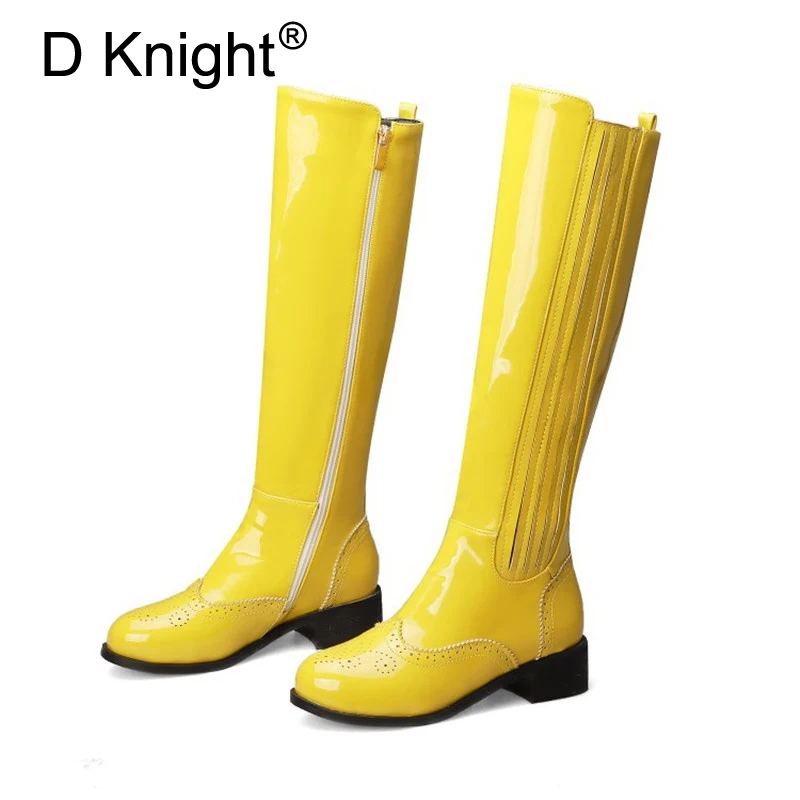 D Knight/размер 32-43, модные осенне-зимние сапоги женская обувь на высоком каблуке сапоги до колена женские новые полуботинки из лакированной кожи