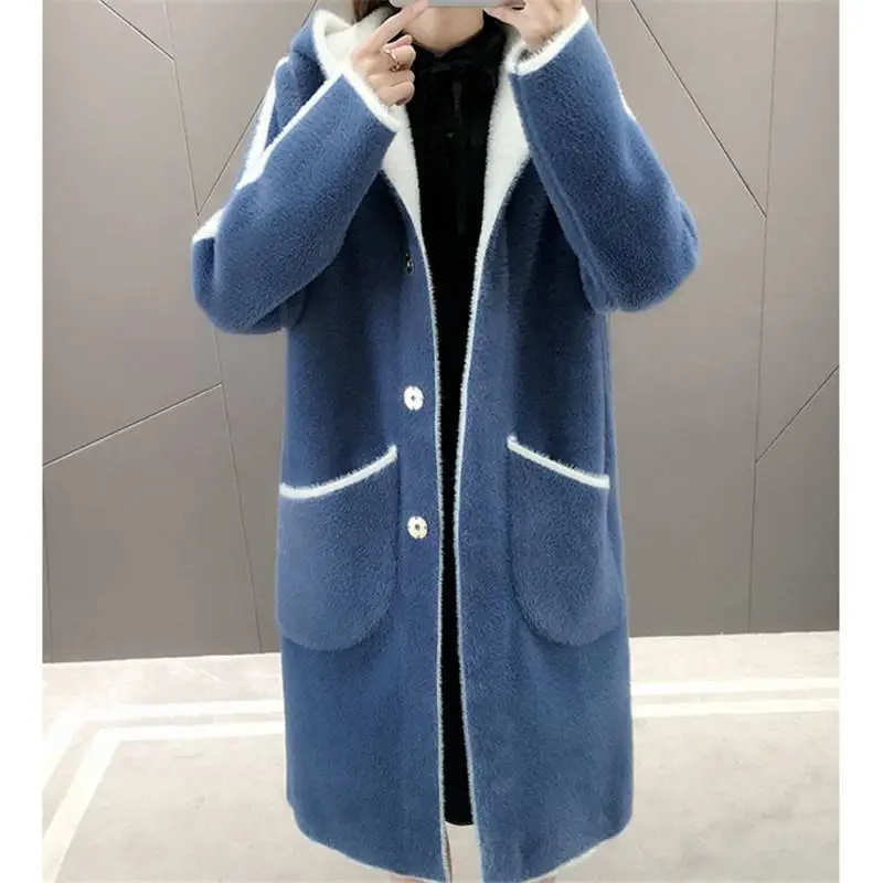 blue white Осень-зима Для женщин элегантный свободный утепленный пуховик с капюшоном из искусственного меха норки вязать кардиган свитер женский вязаный свитер-накидка Топы X92 - Цвет: blue white
