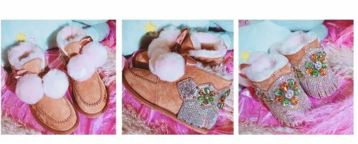 Women Shoes Woman Boots Snow Boots New Winter Handmade Rhinestones Gem Tassel Sheep Fur One Warm Thick Snow Boots X104
