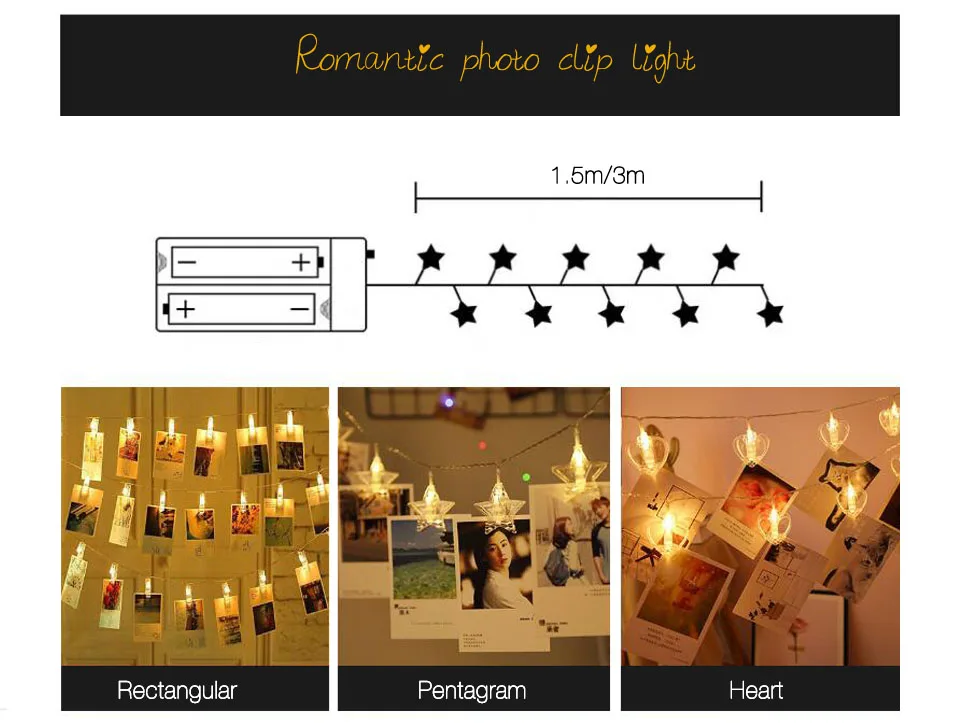 Светодиодный настенный светильник, 1,5 м, 3 м, с аккумулятором, с зажимом для фото, декоративный настенный светильник для спальни, лампа для праздника, свадьбы, Рождества, украшение для дома