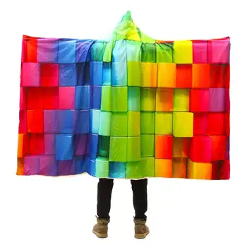 

Huge Warm 3D Colored Cubes Hooded Blanket Wearable Soft Towel Plush Mat For Adult Kid Bed Blankets Travel Camping Bedspreads