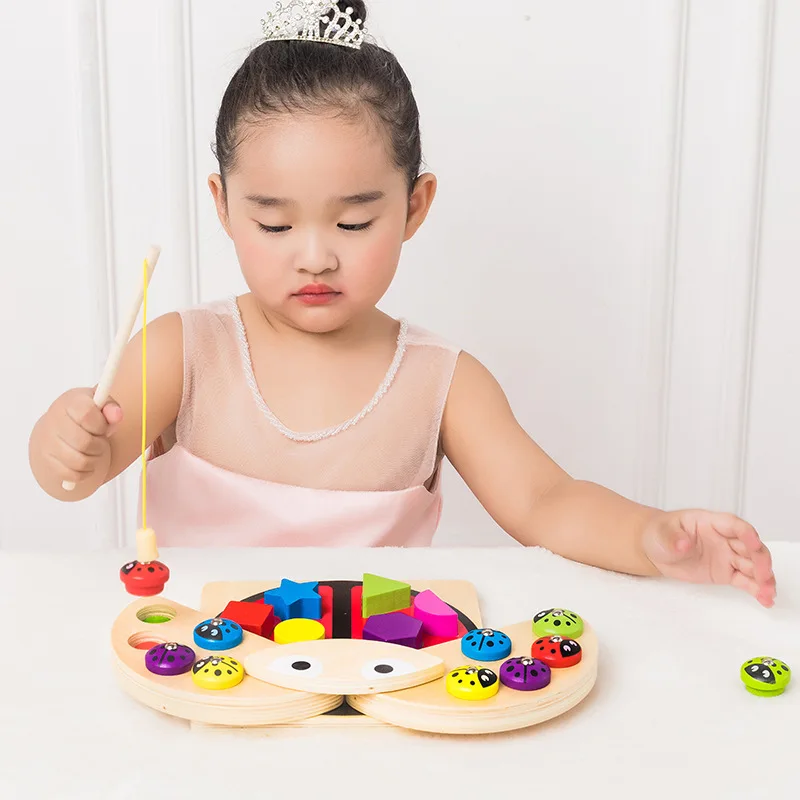 

Wood Magnetic Catch Ladybug Game Training Baby Note Force Hand-Eye Coordination Fishing diao le Educational Toy