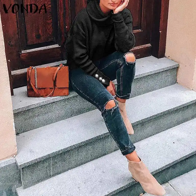  VONDA Women Autumn Long Sleeve Tops And Blouse 2019 Female TurtleNeck Shirts Spring Winter Blouse B