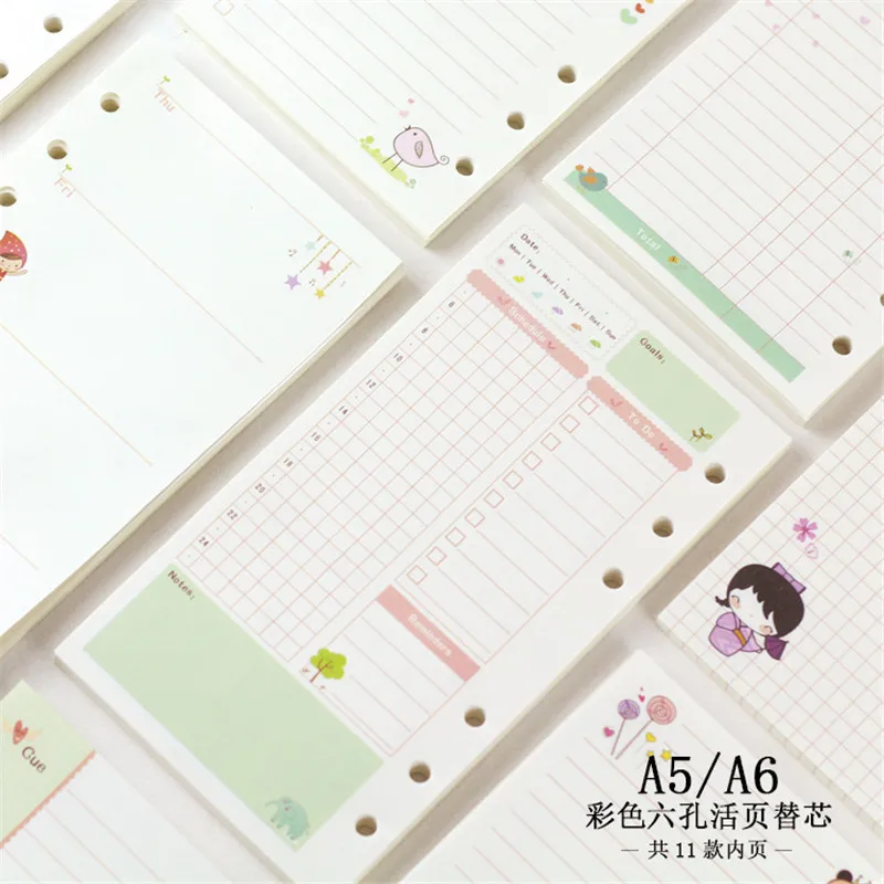 Hojas sueltas Kawaii A5 A6, recambio de papel, carpeta en espiral, índice Página interior Agenda diaria mensual semanal, 45 hojas