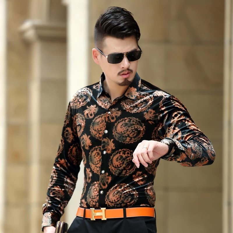 Camisas de vestir de seda de lujo hombre, camisa de terciopelo con patrón de dragón, camisas ajustadas suaves cómodas, ropa de primavera otoño, envío directo|Camisas informales| - AliExpress
