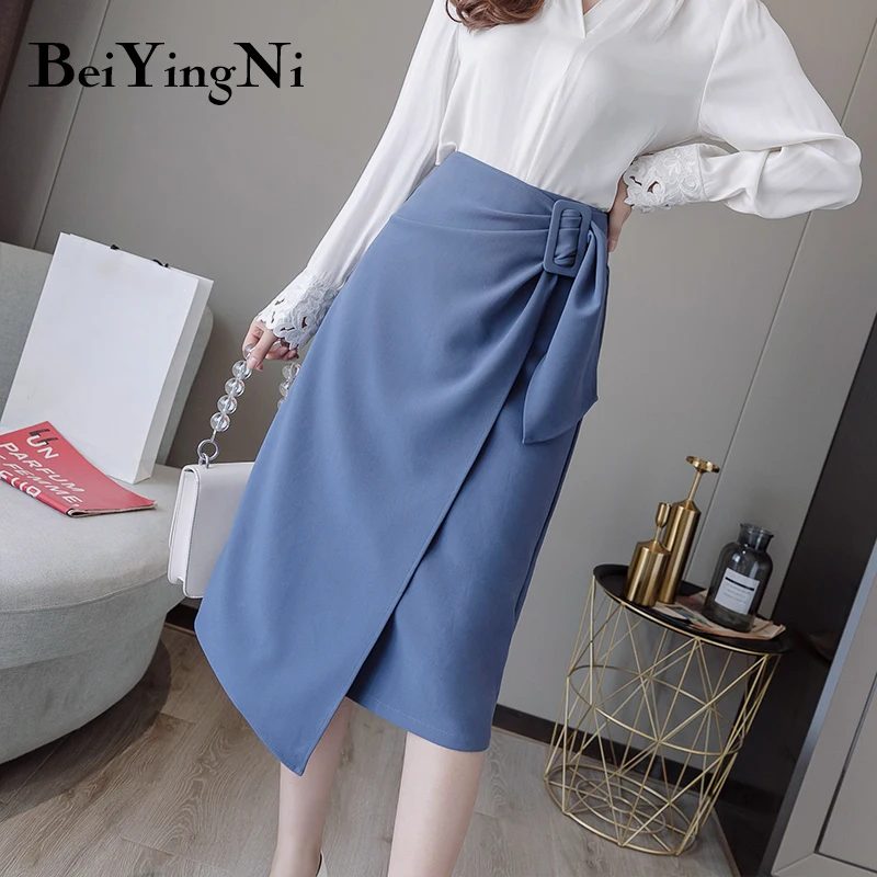 

Beiyingni Irregular Women Skirt Button Chic OL Split Work Wear Midi Skirts Solid Black Fashion Office Ladu Skirt Vintage Casual