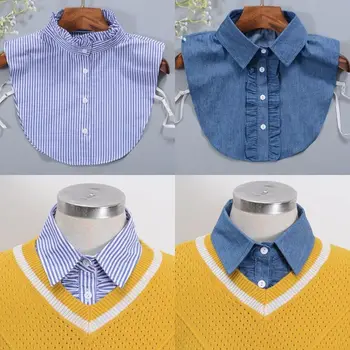 

Minimalist Stripes Denim Women Detachable Lapel Fake Collar Cute Doll Ruffles Lace Splicing Button Down False Half Shirt Blouse