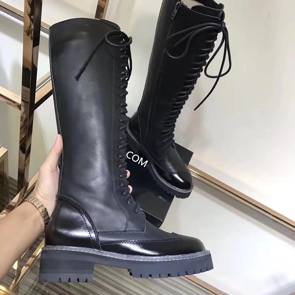 

SONFRNCH 2019 Autumn New Women's Boots Genuine Leather Tie British Retro High-boot Slim Locomotive Boots