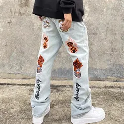 Travis Scott pantalones vaqueros ajustados con bordado de calavera y llama para hombre, Jeans estilo Hip Hop, Retro, lavados, azules, Uomo