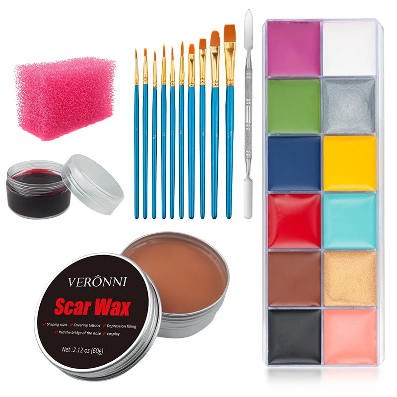 Ultimate Special Effects SFX Makeup Kit with 12 Color Face & Body Paint, Wound Scar Wax, Fake Scab Blood, and Spatula Tools for Halloween and Stage Transformations