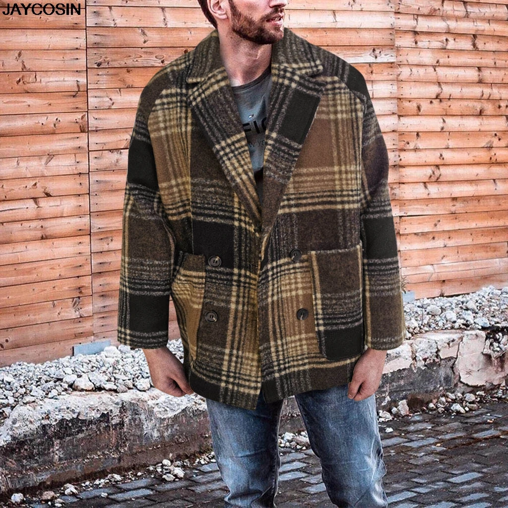 KLV Jackets men Autumn And Winter Male Coat Woolen Lattice Coat Loose Thick Windbreaker Long Sleeve Jacket new hot sale 70