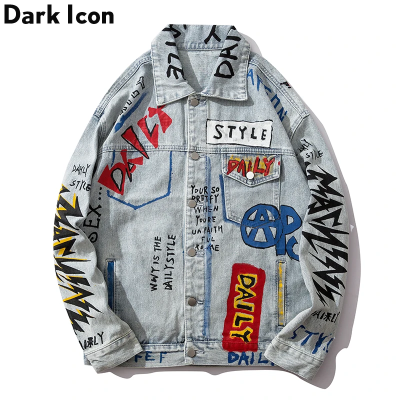 

Dark Icon Letter Graffiti Hip Hop Denim Jackets Men 2019 New Fashion Streetwear Jeans Jackets Men Clothing