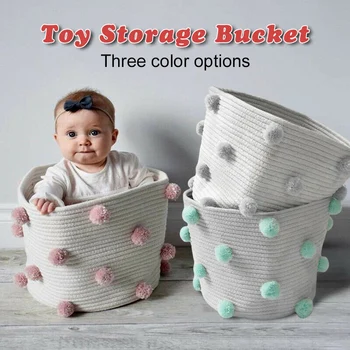 

Nordic Cotton Rope Knitted Pom Decoration Laundry Basket Toy Storage Bucket for Home JS23