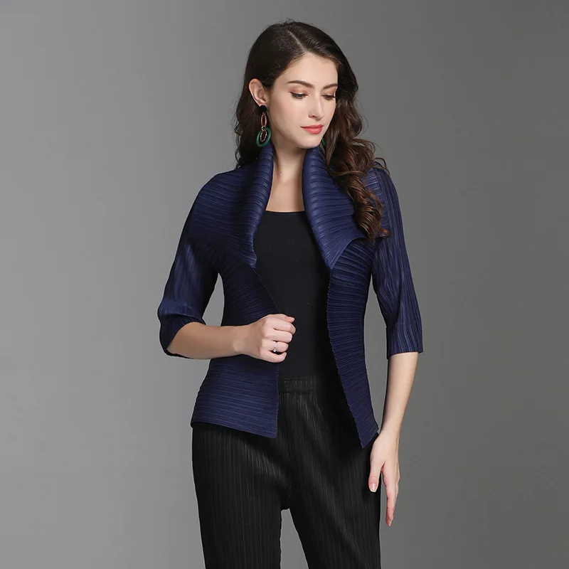 navy blue Модная одежда, новая мода, плиссированная одежда, женский кардиган с коротким рукавом и лацканами, короткое пальто, Vestido YF799 - Цвет: navy blue