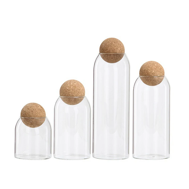 Japanese Style Elegant Wooden Ball Cork Lead Free Glass Storage Jar 1300Ml