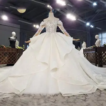 

2020 New Light Champagne Full Sleeve Wedding Dress With 1m Train High-end Ball Gown Lxuury Lace Vestido De Noiva Custom Size