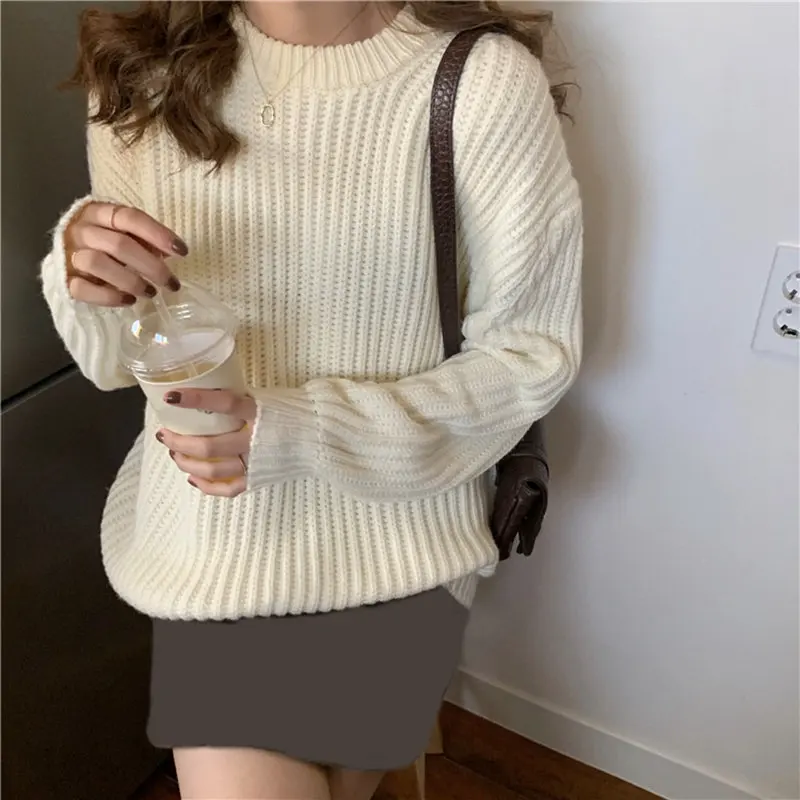 beige sweater RICININA, топы, свитера для женщин, круглый вырез, длинный рукав, Однотонный свитер для женщин, пуловер, весна, повседневные Элегантные свитера для девушек - Цвет: beige sweater