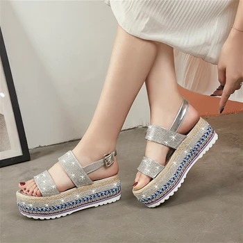 

2020 new fashion crystal flat platform sandals women high heels Buckle Strap Casual Gladiator rome leather red open toe slip-on
