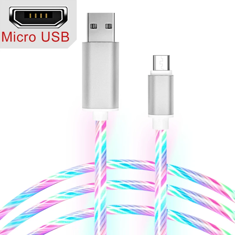 1 м 2A светодиодный светящийся струящийся Micro usb type C кабель для Xiaomi для huawei для samsung S9 Android USB зарядное устройство TPE яркий кабель для передачи данных - Цвет: White For Mirco USB