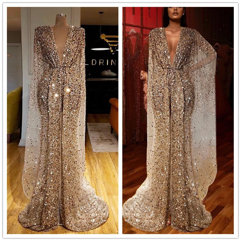 

Sparkly Sequins Mermaid Prom Dress 2020 Couture V Neck High Split Chic Evening Dress Turkey Arabic Shiny Pageant Formal Gowns