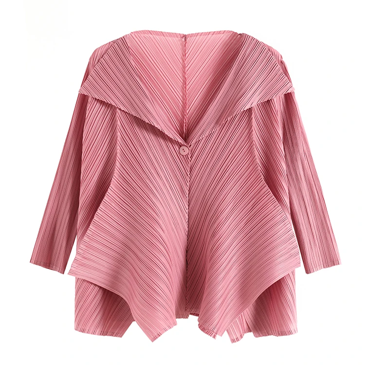 Pink Changpleat, весенние новые женские Базовые Куртки, Пальто Miyak, плиссированные, модные, одноцветные, на одной пуговице, свободные, большие размеры, неровные женские пальто - Цвет: Pink
