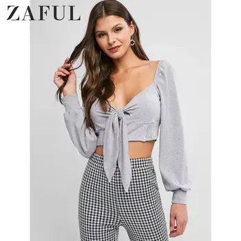 

ZAFUL Sweetheart Neck Knotted Ribbed Tee For Women Long Sleeve Crop Top Solid Color Short Pullovers Sexy Female