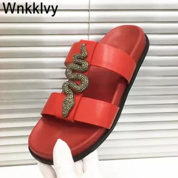 

Summer Beach Slipper snake crystal decor Flipflops Lazy Mules flat heel Casual Shoes for women real leather Outdoor sandals