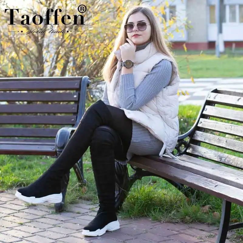 Taoffen/Большие размеры 29-46; женские ботинки на плоской подошве; повседневные кроссовки; Женские Сапоги выше колена; зимняя теплая Модная обувь на меху; эластичная обувь