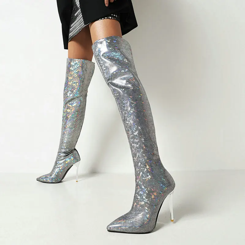 

Fashion Silver Sequined Cloth Women Boots Sexy Stiletto Over The Knee Boots Autumn Winter Super High Heel Long Boots Size 42 43