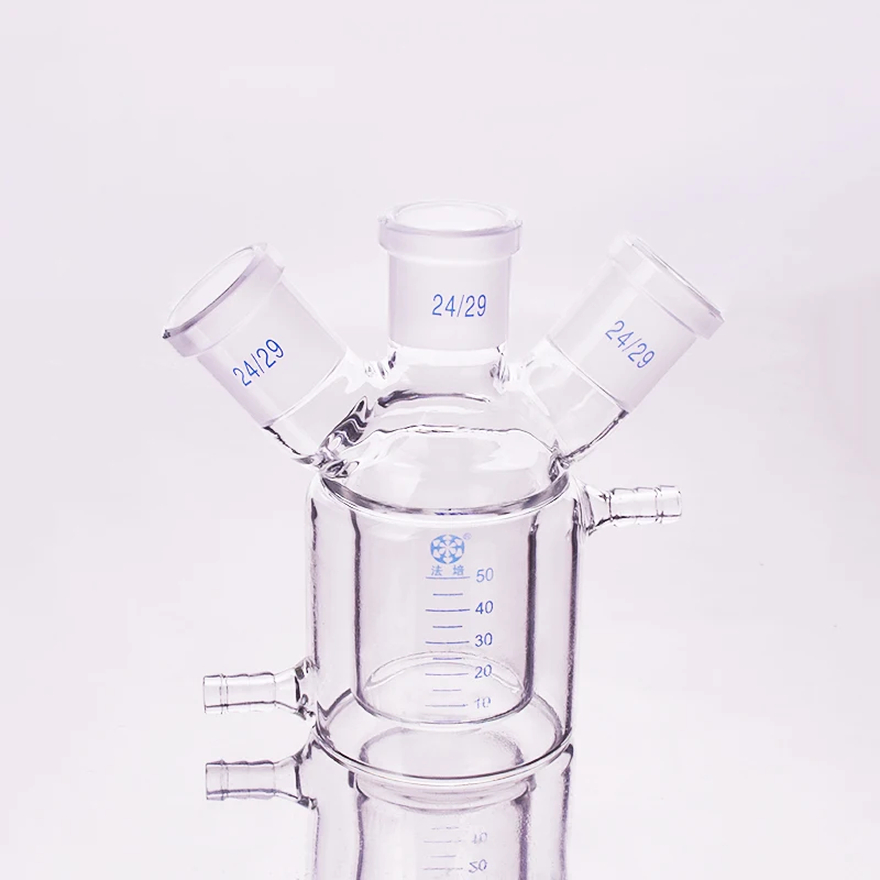 

Double-deck cylindrical three-necked bottom flask,With tick ​​mark,Capacity 50ml,Joint 24/29,Mezzanine jacketed reactor bottle