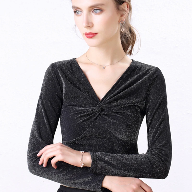 

2019 Shiny Lurex Blouse Female Blusas Autumn Winter Sexy V-Neck Slim Shirts Women Blouses Long Sleeve Plus Size Tops Black Red