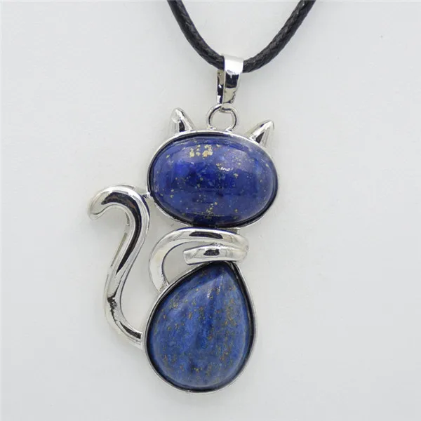 lapis lazuli Для женщин и девочек милый Кот форма натуральные каменные подвески, ожерелья Рок розовый с кварцевым тигровым глазом Lapis бусины Веревка Цепь рейки ювелирные изделия - Окраска металла: lapis lazuli