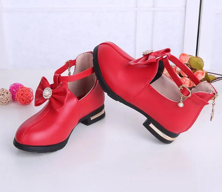 Bowtie Rhinestone Girls Princess Shoes Patent Leather Girls Kids Shoes for Dance Party Child Girl Single Shoe